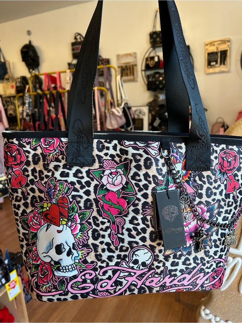 Ed Hardy Leopard Print Pink Skull Tote Bag - Picture 5 of 7